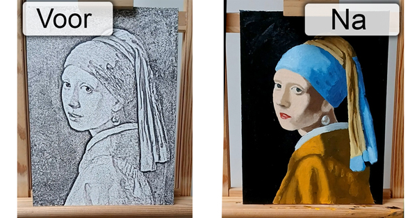 Pre-printed canvas board before and after painting, showing a printed sketch transformed into a finished painting